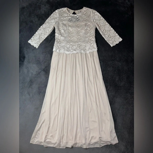 R&M Richards Size 12 Beige Lace High Neck Long Sleeve Modest Evening Gown Dress - Picture 1 of 10
